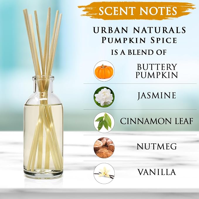 Urban Naturals Reed Diffuser Set, Pumpkin Spice - Bathroom Shelf Décor | Buttery Pumpkin with Jasmine, Cinnamon Leaf, Nutmeg and Vanilla, Made in the USA