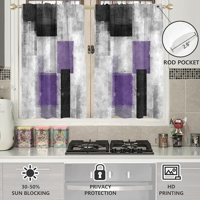 AAtter Purple Grey and Black Window Curtains for Kitchen Abstract White Lavender Silver Small Short Home Living Room Bedroom Bathroom Drapes Treatment Tiers Fabric 1 Pair, 27.5" W x 39" L, Modern