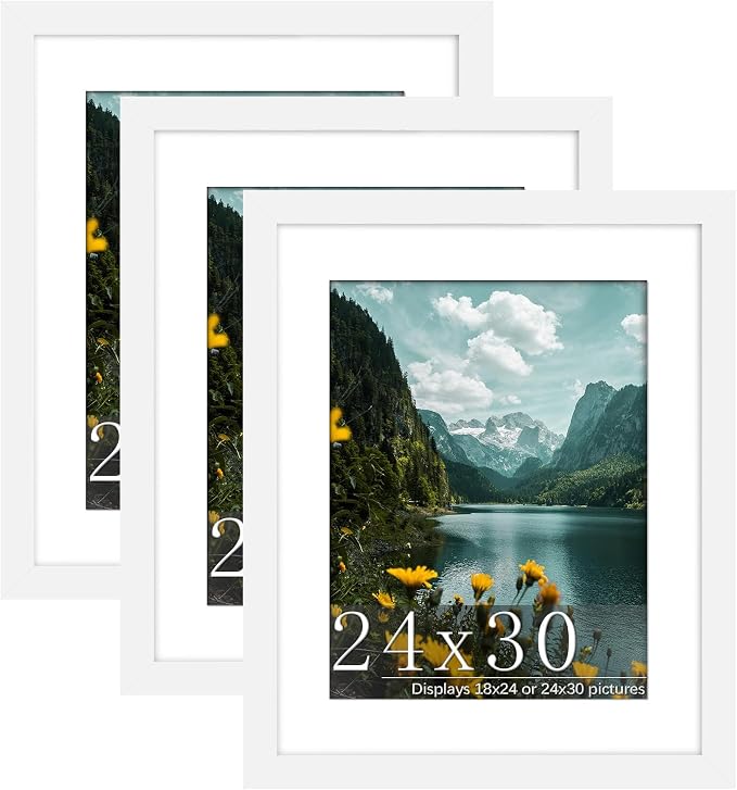 Picrit 24x30 Picture Frame 3 Pack, White Poster Frame, Display Poster 18 x 24 with Mat or 24x30 without Mat for Horizontal or Vertical Wall Mounting