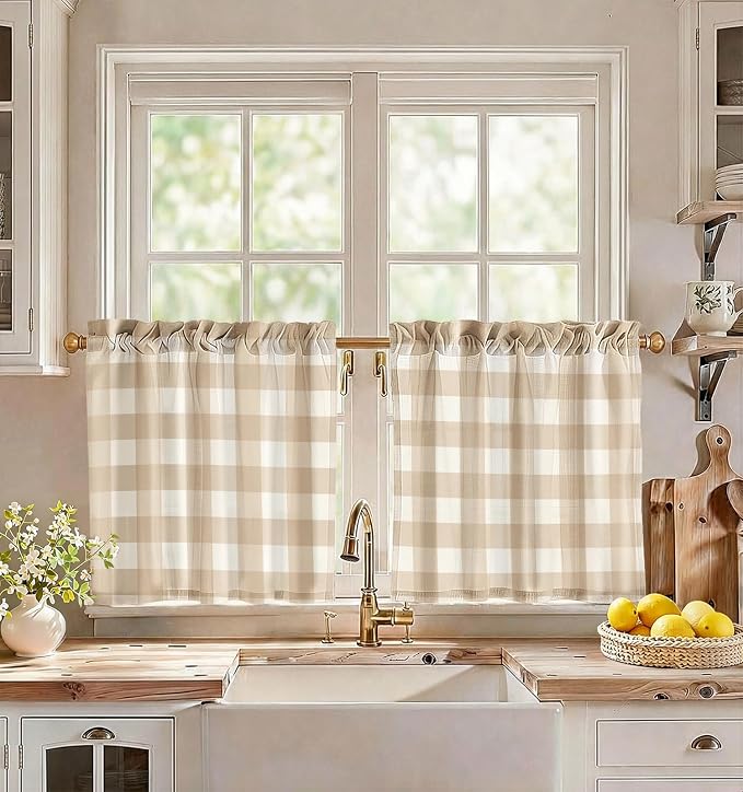 Miss Adola Farmhouse Kitchen Tier Curtains - 24 Inch Length Linen Blend Cafe Curtains Yellow Plaid Small Window Treatments Over Sink Rod Pocket for Bathroom Living Room Light Filtering, 2 Panels