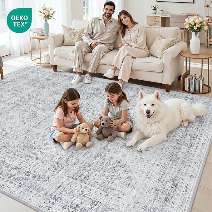 8x10 Area Rugs for Living Room: Vintage Boho Neutral Washable Rug Indoor Soft Large Area Rug Carpet for Bedroom Nursery Farmhouse Dining Room Office Floor Non-Slip Low Pile Under Table Rug Gray