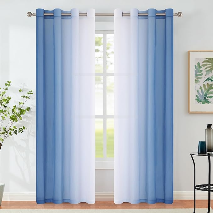 Purainbow Blue Ombre Sheer Curtains for Living Room Chiffon Crinkle Semi Sheer Curtain Panels for Bedroom Decor, Light Filtering Gradient Window Treatments with Grommet Top, 2 Panels, 52" Wx95 L