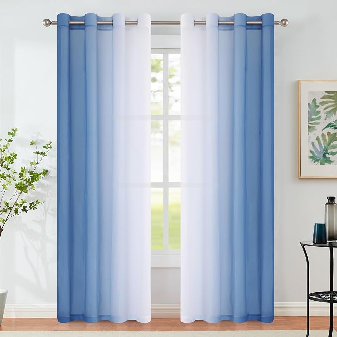 Purainbow Blue Ombre Chiffon Sheer Curtains 84 Inch Long for Living Room Bedroom Decor, Crinkle Gradient Semi Voile Grommet Top Window Curtain Drapes for Girls Room, Garden, Yard, Set of 2 Panels