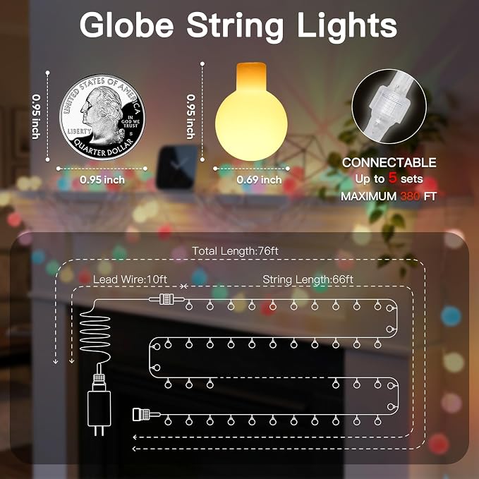 suddus 76ft Connectable Globe String Lights Plug in Remote Pastel Color | 200 Led Pastel Fairy Lights With Timer 8 Mode, String Lights for Bedroom,Dorm, Classroom, Party, Indoor,Outdoor Decor