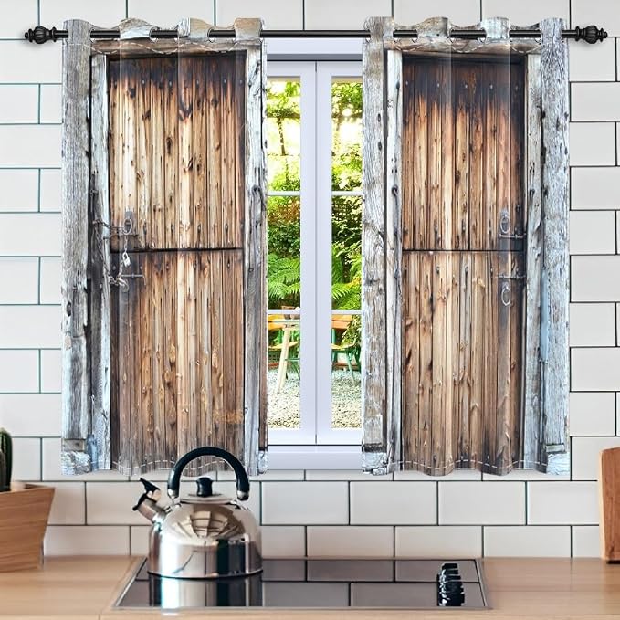 Rustic Barn Door Window Curtains, 26x63 inch, 2 Panels, Brown Grey, Polyester, Blackout, Living Room, Bedroom, Kitchen