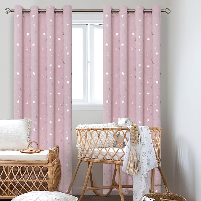 BGment Pink Curtains for Girls Bedroom 84 Inch Long, Star and Moon Blackout Curtains for Kids Room, Room Darkening Thermal Insulated Window Grommet Curtains for Nursery, 52 Wide, 2 Panels, Light Pink
