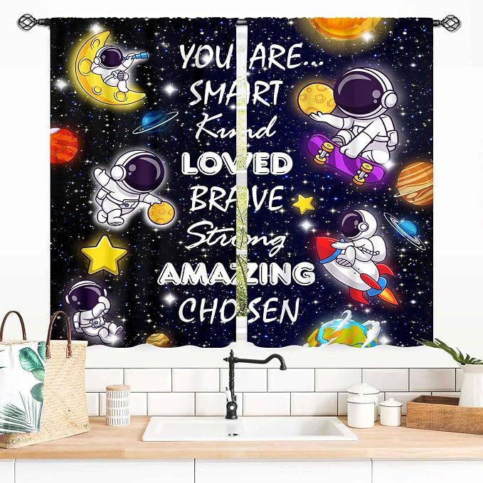 Kids Space Curtains for Boys Room, Cartoon Universe Galaxy Space Planet Astronaut Inspirational Quotes Learning Kids Window Drapery Treatments for Bedroom Living Room Nursery 2 Panels, 55x39 Inch
