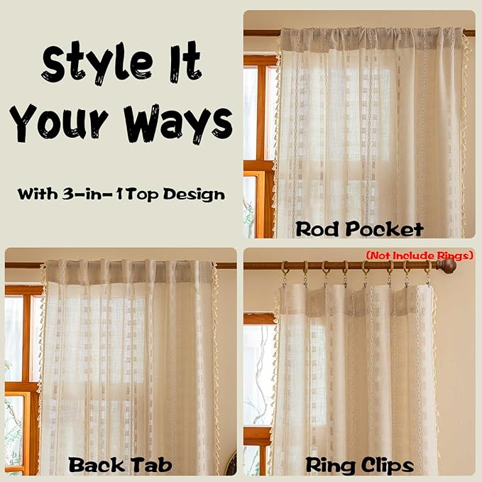 Natural Boho Curtains 2 Panel Set for Living Room Dining room Floor to Ceiling, Light Filtering Tassels Privacy Country Vintage Embroidery Bohemian Stripes Window Treatment Back Tab, 50" x 108"