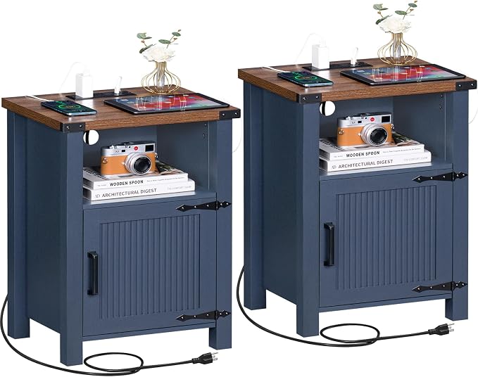 Joaxswe Night Stand Set of 2, 18 Inch Farmhouse Nightstand with with Charging Station and USB Port, Rustic Couch End Table with Magnetic Door, Wood Bed Side Tables for Bedroom, Home, Navy Blue