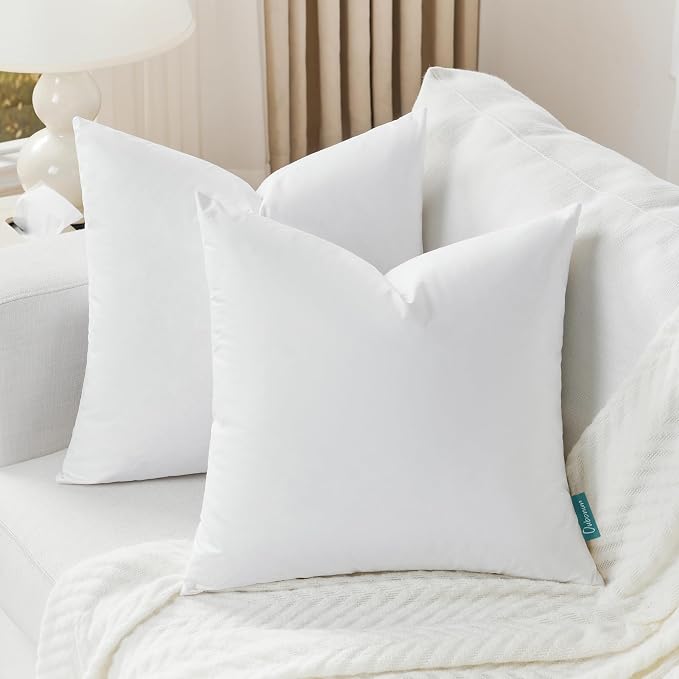 Oubonun 20 x 20 Down Feather Pillow Inserts - Fluffy and Plush Odor-Free Fill - 100% Breathable Cotton Fabric for Couch Sofa Bed, White, Pack of 4