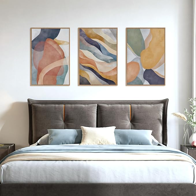 LHIUEM Large Abstract Neutral Framed Canvas Wall Art Set,Colorful Watercolor Block Wall Decor,Boho Geometric Illustrations Artwork for Living Room,Bedroom,Dining Room,Office -16"x24"x3