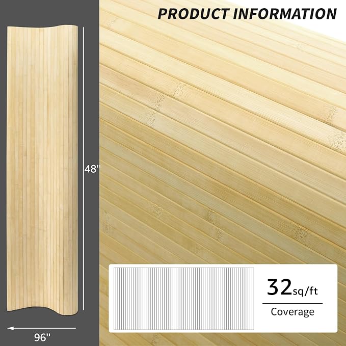 Art3d Natural Bamboo Wall Panel for Interior Wall Decor, Renewable Pole Wrap Wainscoting Paneling for Wall Ceiling Furniture Cabinet Office, 48 x 96 Inch, 2-Pack - Raw