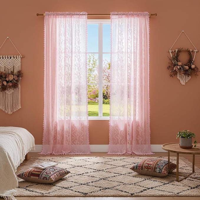 WAZZIO Boho Lace Curtains 84 Inch 2 Panels -Sheer Panel Drape Floral Pattern & Tassel Light Filtering Privacy for Bedroom Dining Living Room,Princess Pink Girl Bedroom Decor,Pale Pink,W52 x 84L
