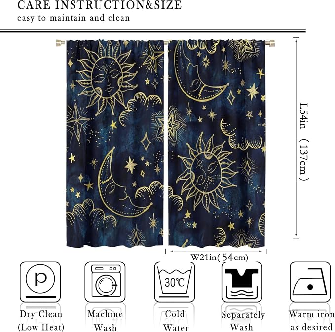 Boho Sun Moon Blackout Window Curtains, Bohemia Theme Sun Moon Stars Print Pattern Rod Pocket Window Drapes, for Living Room Bedroom 42x54in 2 Panels