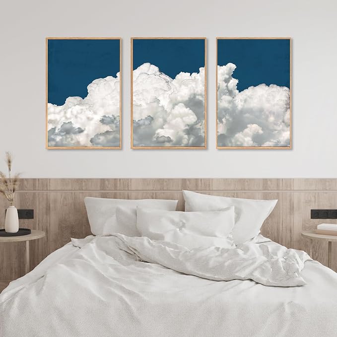 LHIUEM Large White Clouds Framed Canvas Wall Art Set Abstract Navy Blue Sky Natural Wall Decor Minimalist Modern Painting Artwork for Livingroom,Bedroom,Office Decor -24"x36"x3