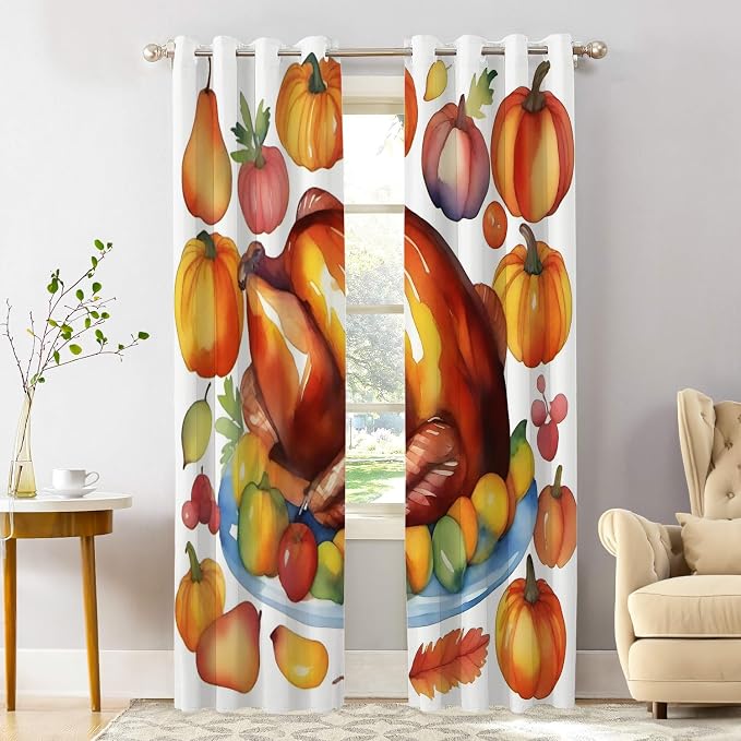 Shrahala Turkey Pumpkin Thanksgiving Thermal Insulated Blackout Window Curtains, Watercolor Fruits Delicious Food Pears Long Drapes for Bedroom/Living Room with Plastic Grommet, 52X84 Set of 2