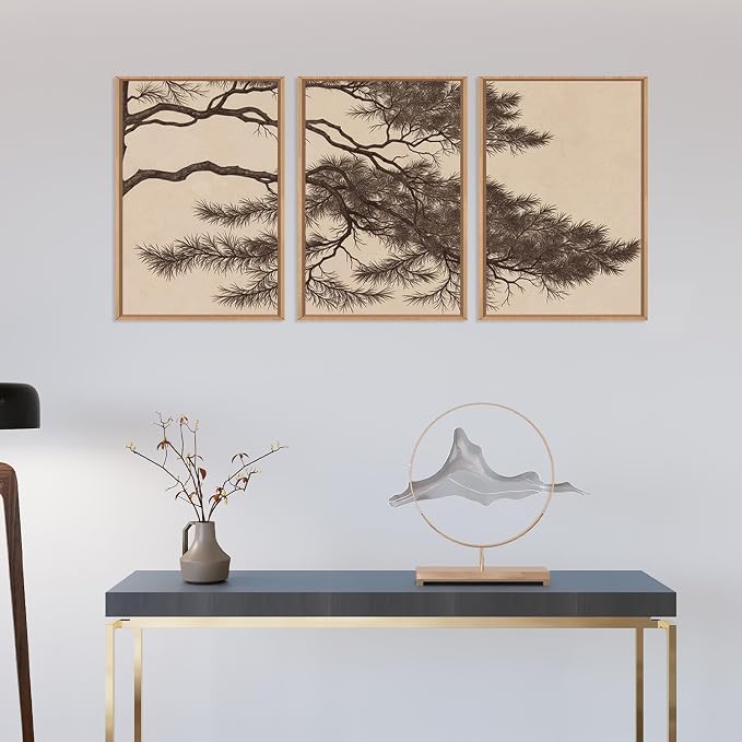LHIUEM Large Vintage Pine Tree Branch Framed Canvas Wall Art,Sketch Botanical Wall Decor,Nature Plant Artwork,Brown Antique Etching Art Prints for Living Room,Bedroom,Office- 16"x24"x3