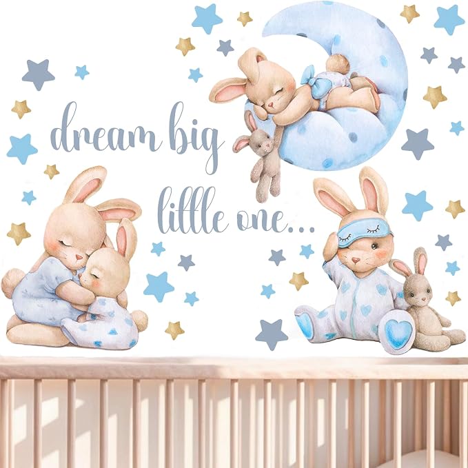 Blue Bunny Wall Decals, Baby Boy Room Rabbit Wall Decor, Animal Stickers for Kids Playroom, Toddler Bedroom and Nursery Decoration, Removable Vinyl Decals, Peel and Stick, Moon, Stars.
