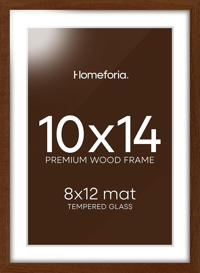 Homeforia 10x14 Brown Picture Frame, High End Dark Oak 10x14 Walnut Poster Frame with Mat 8x12, 10 x 14 Wooden Frame Matted to 8 by 12 inch Photo, 14x10 Thin Frames, Tempered Glass, Wall Kit, Set of 2