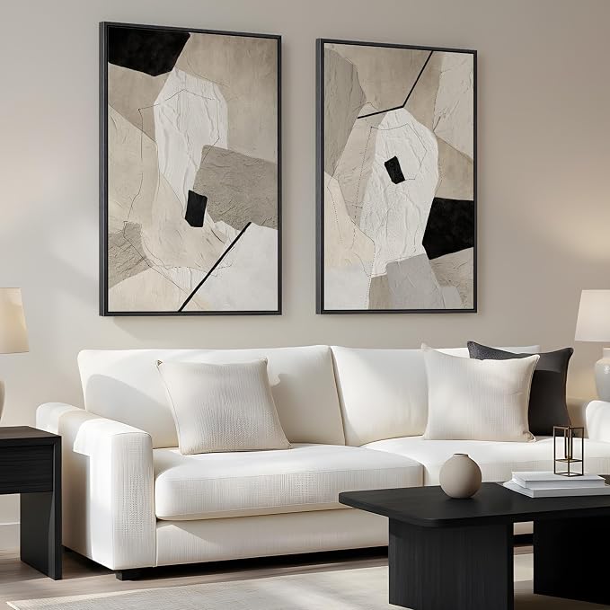 Framed Neutral Beige and Black Abstract Wall Art for Living Room, Set of 2 Modern Minimalist Canvas Artwork for Walls, Large Geometric Pictures Prints for Bedroom Office Hallway Wall Decor, 24x36 Inch