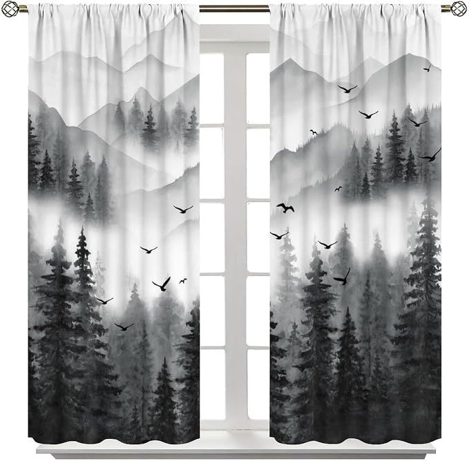 Forest Blackout Curtains for Kitchen Farm Retro Countryside Gray Nature Mist Watercolor Forest Mountains Trees Theme Print Windows Treatments for Boys Girls Bedroom Living Room 42x45in
