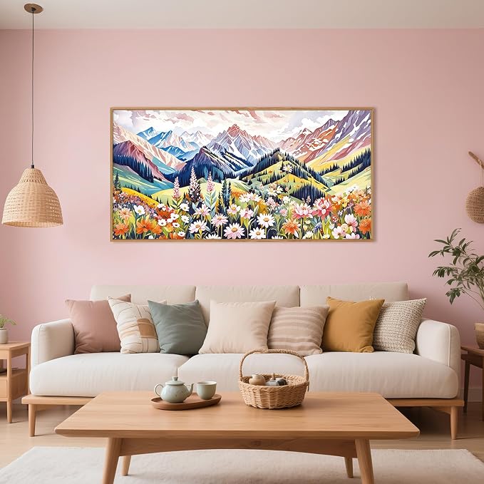 Abstract Colorful Floral Mountain Landscape Framed Canvas Wall Art,Natural Boho Woodland Wildflower Decor,Modern Pink Blossom Botanical Artwork for Living Room, Bedroom, Farmhouse-40 x20 x1