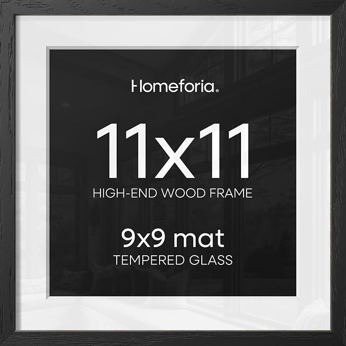 Homeforia 11x11 Black Wood Frame, High-End Oak 11 x 11 Square Picture Frames with Mat 9 by 9 inch Photo, 11by11 Wooden Frame Matted to 9x9 Art, Wall Hanging Frames, Tempered Glass, Wall Kit, Set of 1