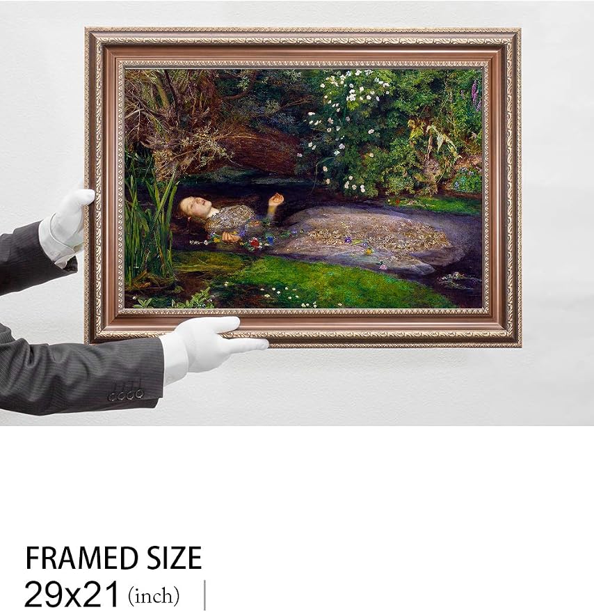 DECORARTS - Ophelia by John Everett Millais. Giclee Print on Canvas. Professionally Framed for Home and Office Decor. Ready to Hang. Total Size with Frame: 28.75x20.75 in.