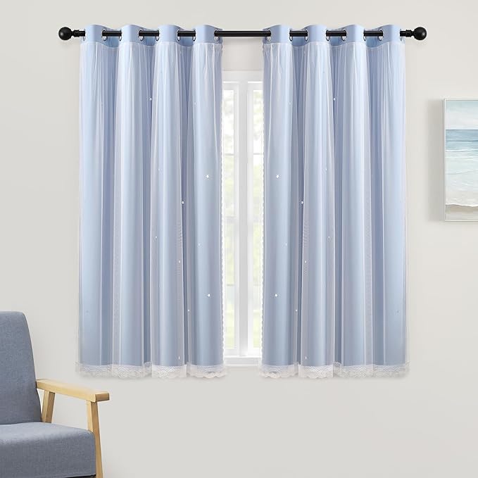 XiDi Blackout Short Curtain 2 Panels for Kitchen Cafe Light Blue Cut Out Hollow Star Curtains for Bedroom Girls Kids W42 x L45 Thermal Insulated Grommet Top Thermal Insulated Window Treatments 52x54