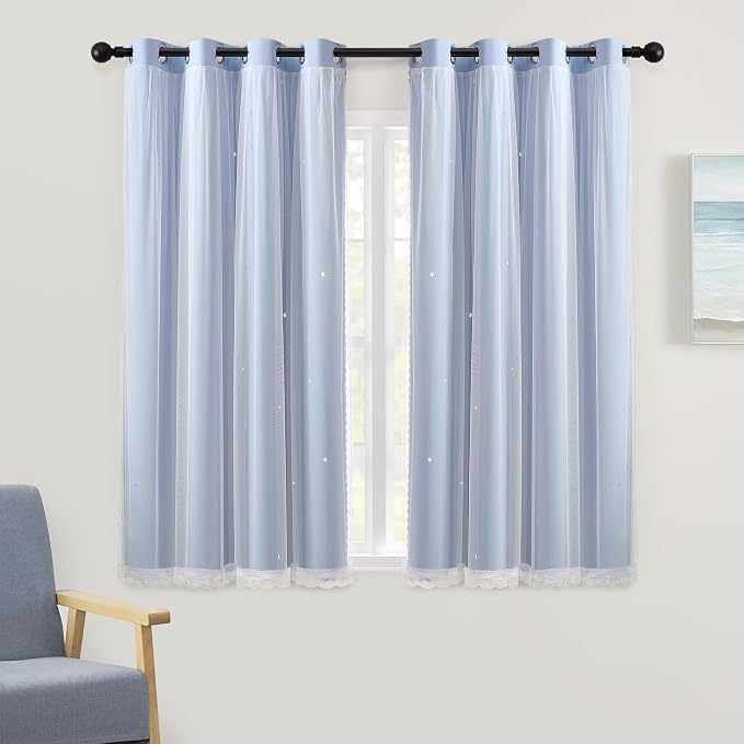 XiDi Light Blue Blackout Curtains for Girls Kids Bedroom Living Room 45 Inches Long 2 Panels Star Curtains Boys Room Darkening Thermal Insulated Drapes Grommet Noise Reduction Window Treatments 52x45