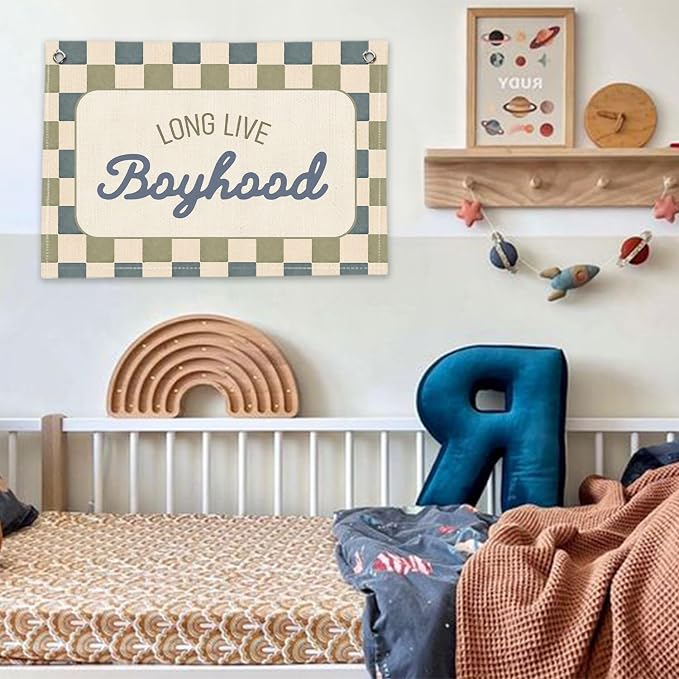 RTXLEZM Boy Room Decor, Long Live Boyhood Nursery Canvas Banner | Retro Blue and Green Plaid Wall Hanging for Kids Toddler Boys Nursery Room Bedroom Playroom Decor, 20x30
