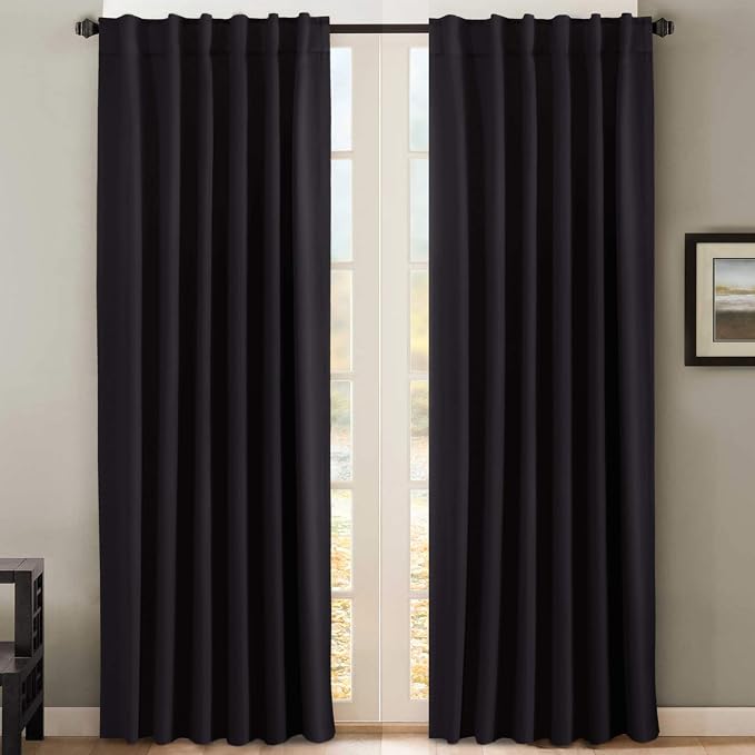 H.VERSAILTEX Blackout Curtains Thermal Insulated Window Treatment Panels Room Darkening Blackout Drapes for Living Room Back Tab/Rod Pocket Bedroom Draperies, 52 x 96 Inch, Black, 2 Panels