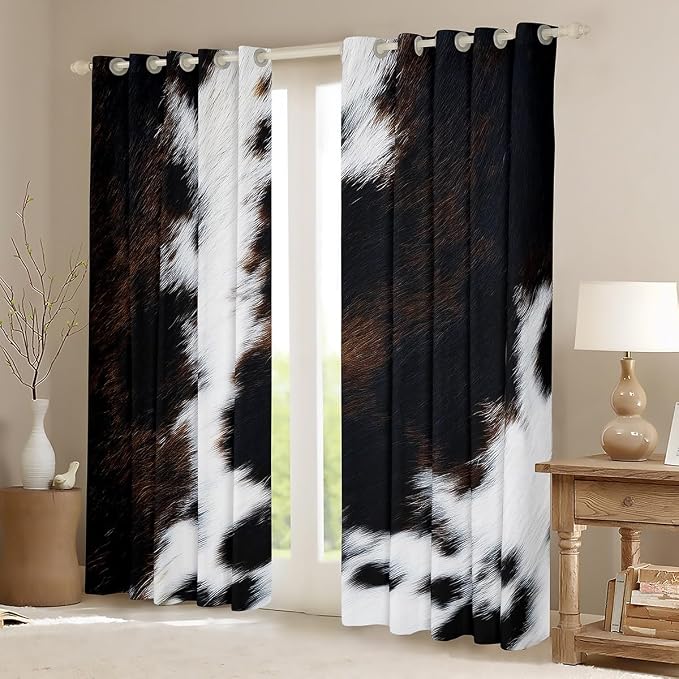 Brown Cowhide Window Curtains Western Black White Cow Print Curtains For Bedroom Living Room Bull Cattle Animal Fur Curtain Drapes Rustic Farmhouse Cowboy Window Treatments 2 Panels 52"Wx96"L