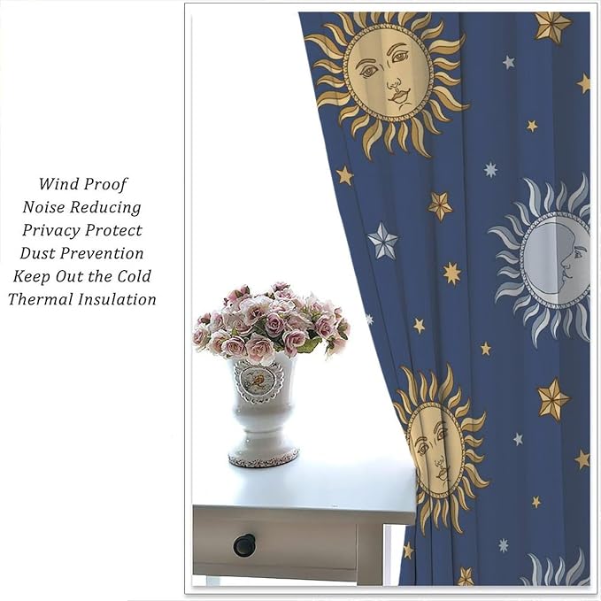 Vintage Sun Moon Bohemian Blackout Window Curtains, Retro Boho Style Print Rod Pocket Window Drapes, for Living Room Bedroom 63x72in 2 Panels