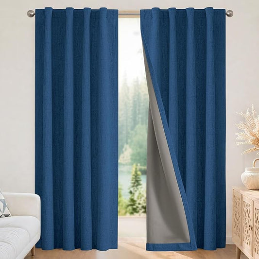 Joydeco Blackout Curtains for Bedroom - 108 Inch Long 100% Light Blocking 2 Panels Navy Blue Drapes, Thermal Insulated Room Darkening Curtains, Linen Textured for Living Room, Rod Pocket & Back Tabs