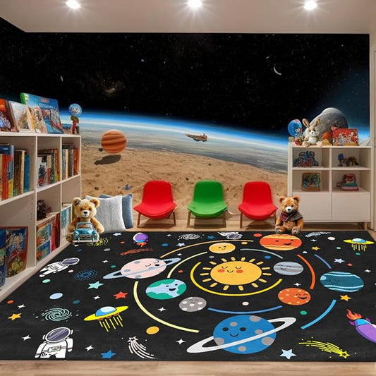 Space Rug for Boys Room - Outer Space Rug for Bedroom Machine Washable 6x8 Feet Solar System Planet Theme Carpet Decor for Playroom Classroom Decor