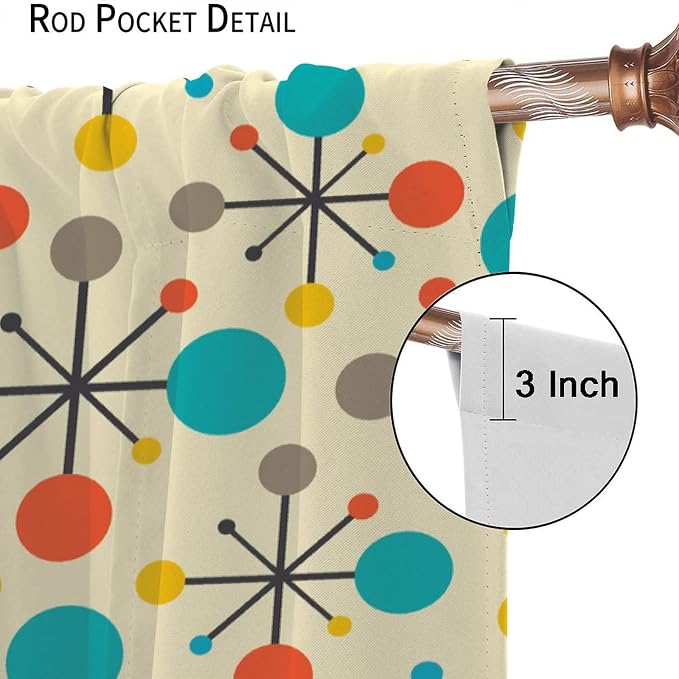 JESTRONRY Mid Century Curtains,Mid Century Fifties Modern Retro Colors Pattern Blackout Rod Pocket Window Drapes for Living Room Bedroom Kitchen Bathroom Home Decor 72x63in