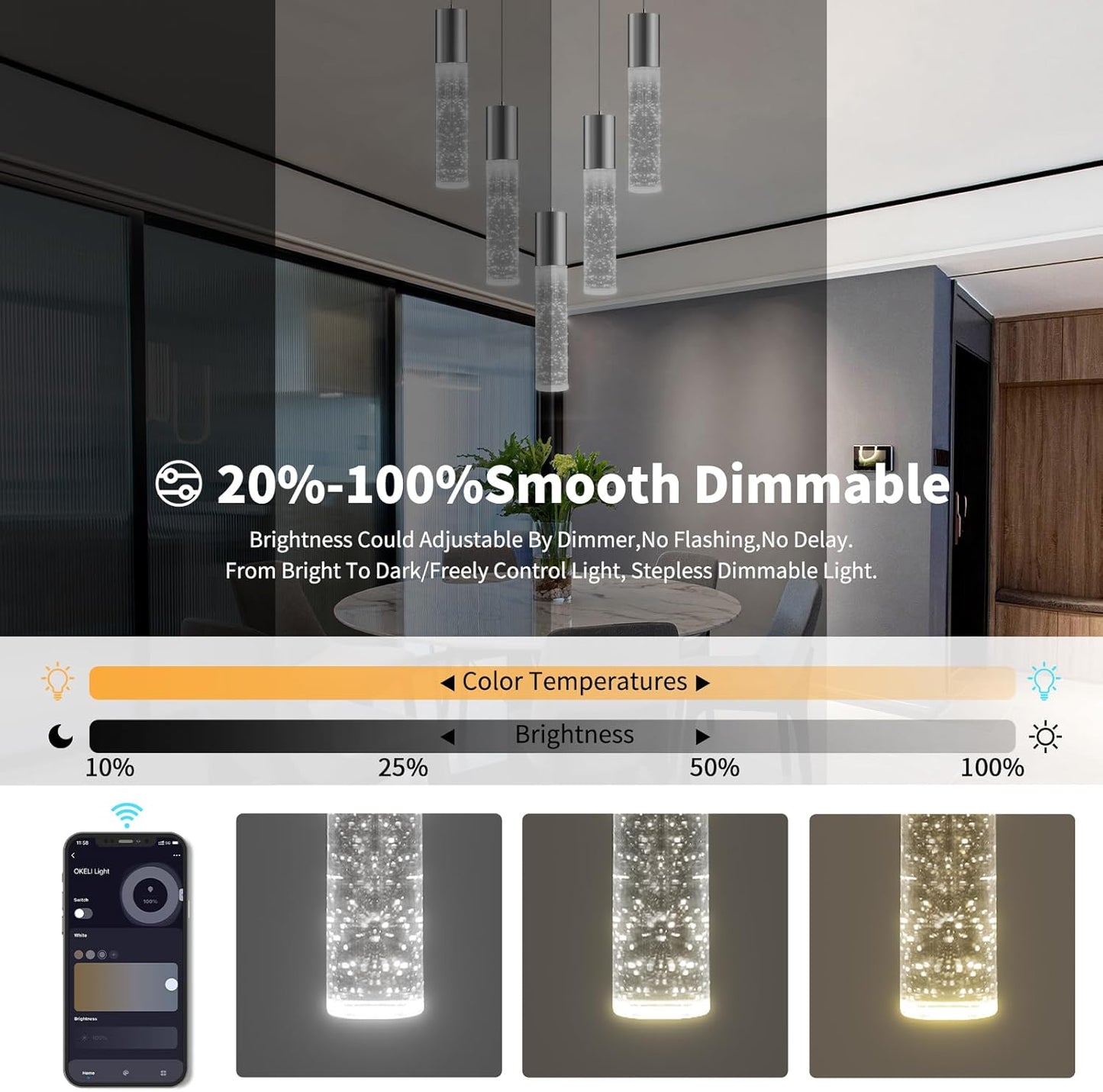 OKELI Smart Dimmable LED 5-Light Pendant Light for Kitchen Island, 18W 1350LM Modern Bubble Crystal Island Light Fixture with TUYA App & Voice Control, Adjustable 3000K-6000K, Electro-Chrome