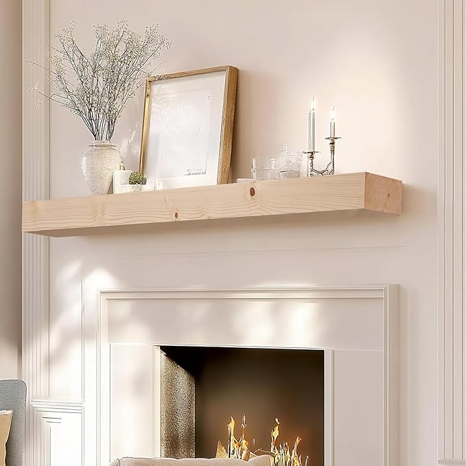 60x7x3 Fireplace Mantel - Solid Rustic Wood Wall Mounted Floating Shelf - DIY Color - with Invisible Heavy Duty Steel Bracket