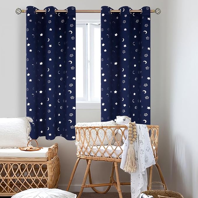 BGment Kids Curtains for Nursery, Short Star and Moon Room Darkening Curtains for Bedroom 63 Inch Long, Blackout Thermal Insulated Window Drapes for Boys Girls, Navy, 42 Wide, 2 Panels