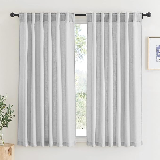 RYB HOME Linen Sheer Curtains - Half Privacy Textured Semi Sheer Curtains Light Airy Drapes for Kids Nursery Dining, Dove Grey, W 52 x L 63 inch, 2 Panels