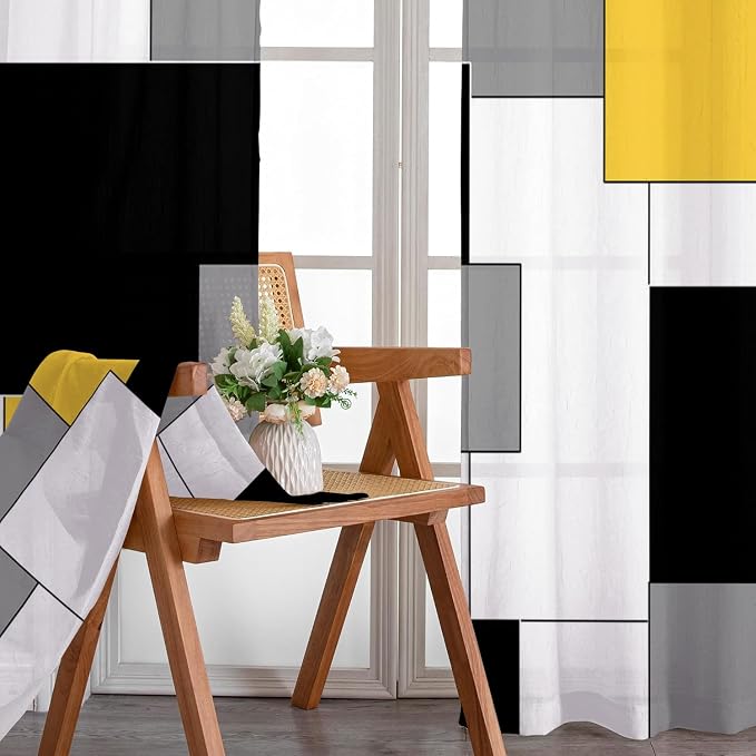 Yellow and Black Curtains for Living Room 84 Length Geometry Curtains Modern Yellow Grey Abstract Rod Pocket Curtain for Bedroom Kitchen Room Window Drapes 2 Panels