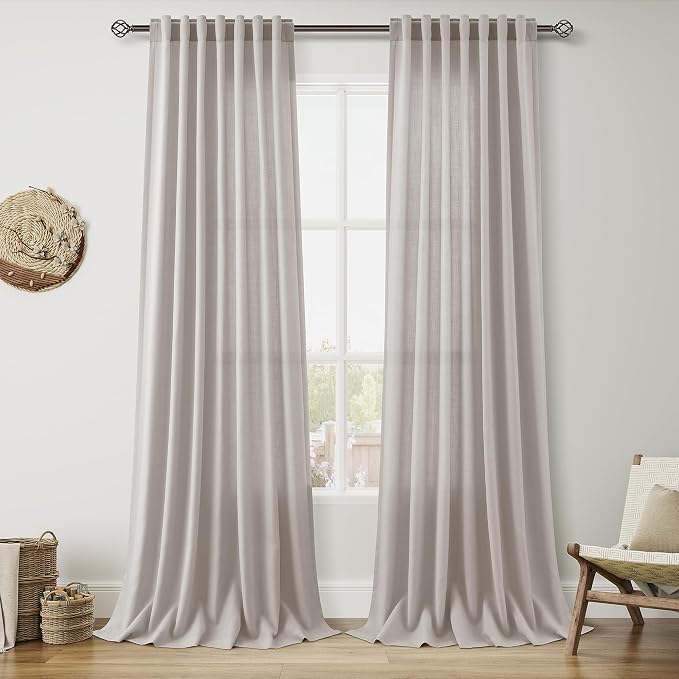 Stone Grey Linen Curtains 120 Inches Long for Living Room Simple Modern Light Filtering Semi Sheer Curtain Back Tab Neutral Luxury Extra Long Floor to Ceiling High Window for Bedroom 52x120, 2 Panels