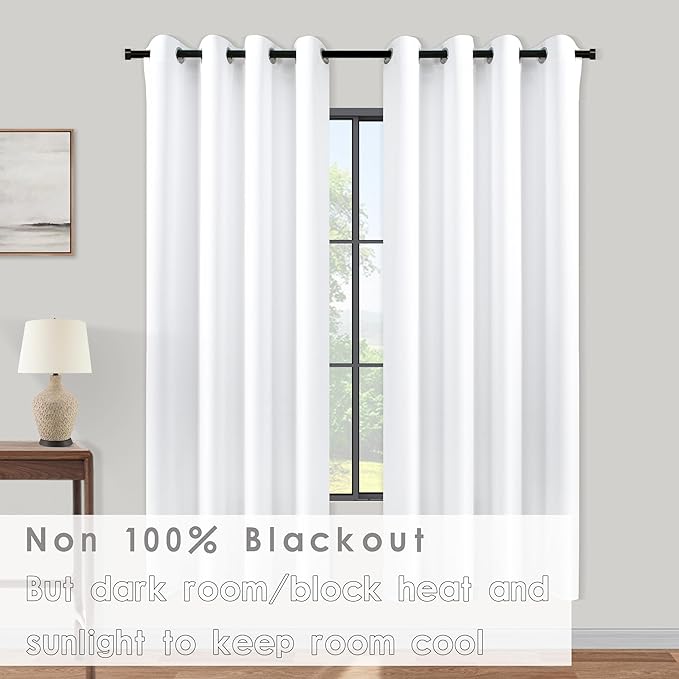 KOUFALL 64 Inch Curtains White Semi Blackout Curtains 2 Panels Set with Grommet Top, Lightweight 60-70% Blackout Opaque Drapes, Energy Saving Simple Curtains for Bedroom Living Room