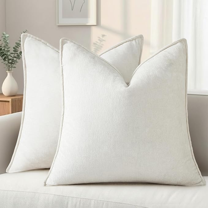 decorUhome Fall Couch Throw Pillow Covers 16x16 Set of 2, Decorative Soft Velvet Modern Cozy Chenille Pillow Cases with Elegant Design for Sofa Bed Living Room Home Decor, Cream White