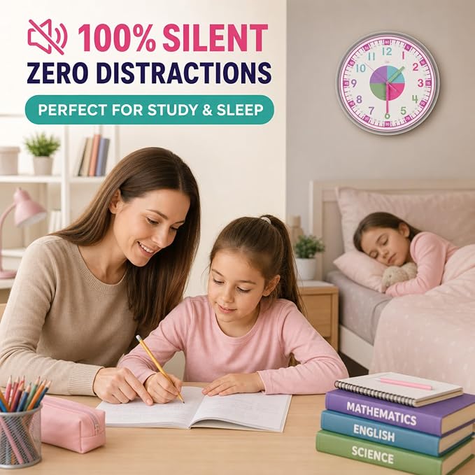 OWLCONIC Clock for Kids – Educational Analog Learning Wall Clock, Non Ticking Teaching Clock for Classroom & Homeschool, Silent Kids Bedroom Décor Pastel Pink