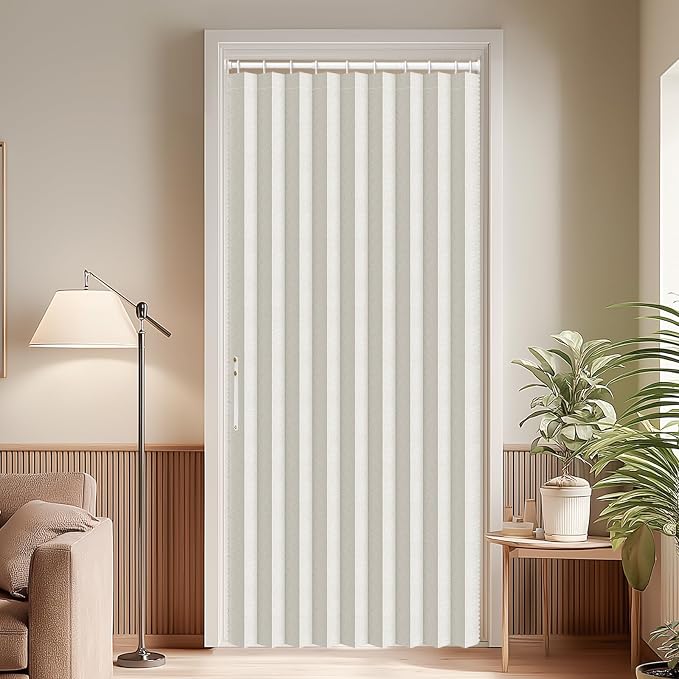 AJAZZ Blackout Accordion Door Sets Included Rod (1 Pack, 43W x 78 L, Beige) Invisible Accordion Doors Interior Magnetic Door Curtain for Bedroom Living Room Doorway Curtain