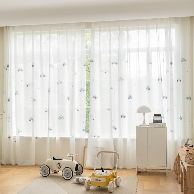 KMSG Cartoon Car Pattern Printed Sheer Curtains for Bedroom Living Room | Lovely Car Light Filtering Curtain Drapes for Playrooms Voile Tulle Window Treatments Grommet Top 1 Panel W52 x L63 Inch