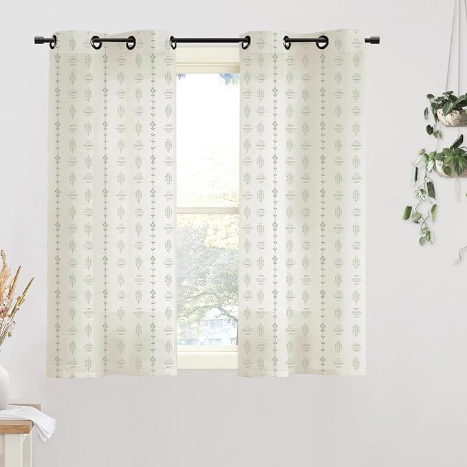 Bathroom Curtains Window,Sheer Short Curtains for Windows Bedroom,Boho Sage Green,45 Inch Length