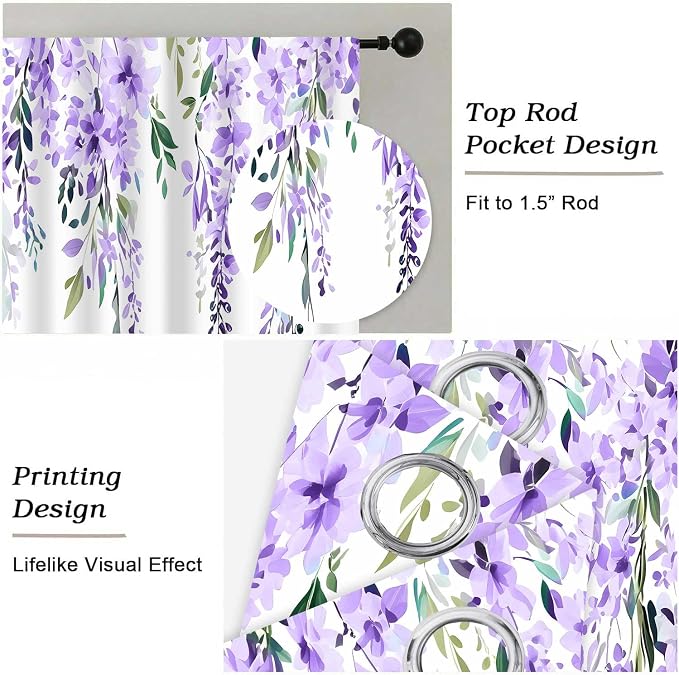 Purple Watercolor Floral Curtains, Botanical Leaves Vine Flowers Curtain, Rustic Farmhouse Flower Leaf Blackout Window Treatment Drapes for Bedroom Living Room 42x90 inch, 2 Panels